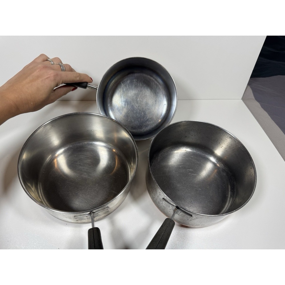 Vtg Revere Ware Copper Bottom Saucepan Set of 3 Stainless Steel 2 Qt 3 Qt No Lid - Picture 9 of 16